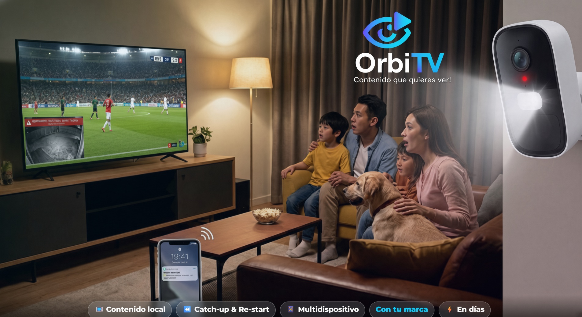 Familia disfrutando OrbiTV en casa con smart home y cámara de seguridad integrada