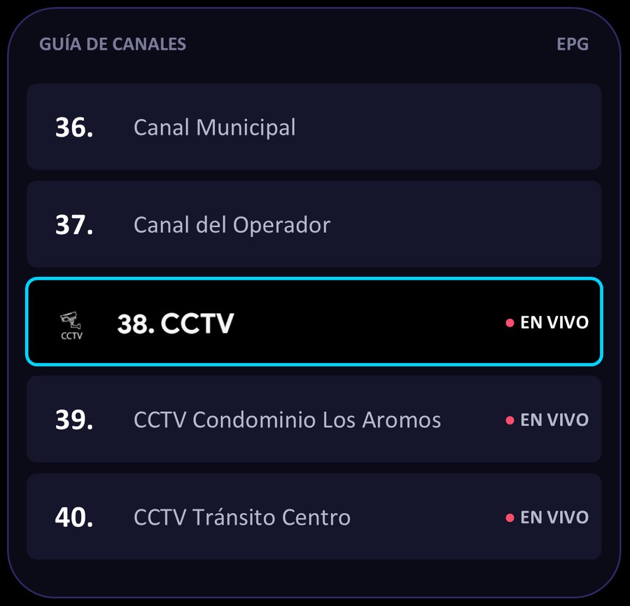 Guía de canales de MiraME con canales de cámaras CCTV en vivo de un condominio y del tránsito